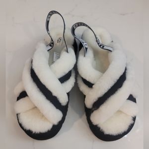 UGG women's fur sandals, US size 10, white/black, sheepskin/shearling, new